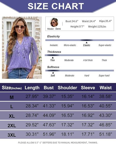 Cucuchy ملابس علوية نسائية كاجوال 3/4 كم كشكش ورقبة على شكل حرف V بلوزات شبكية مرنة تونيك طبقات مزدوجة in Kuwait