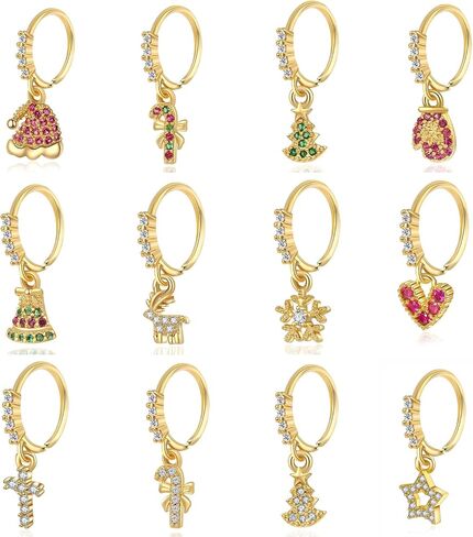 KARYOKO 12PCS Christmas Dangle Nose Ring Colored Zircon Christmas Tree Hat Bells Snowflake Lollipop Shape Dangling Nose Hoop Rings for Women and Girls Nose Piercing Jewelry in Saudi Arabia