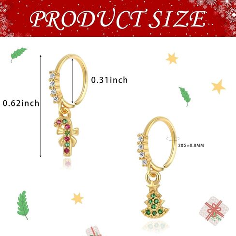 KARYOKO 12PCS Christmas Dangle Nose Ring Colored Zircon Christmas Tree Hat Bells Snowflake Lollipop Shape Dangling Nose Hoop Rings for Women and Girls Nose Piercing Jewelry in Saudi Arabia