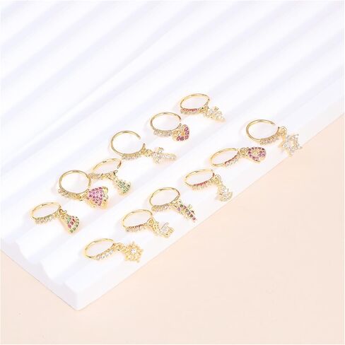 KARYOKO 12PCS Christmas Dangle Nose Ring Colored Zircon Christmas Tree Hat Bells Snowflake Lollipop Shape Dangling Nose Hoop Rings for Women and Girls Nose Piercing Jewelry in Saudi Arabia