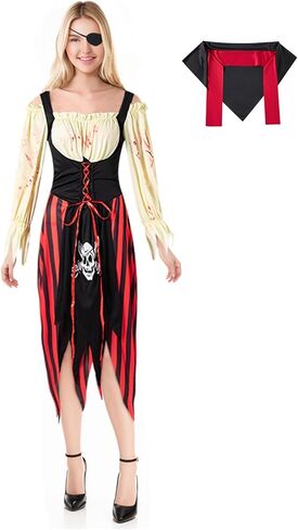 Yruiz Women's Pirate Costume Ladies Halloween Dress with Eye Patch and Headpiece in Kuwait
