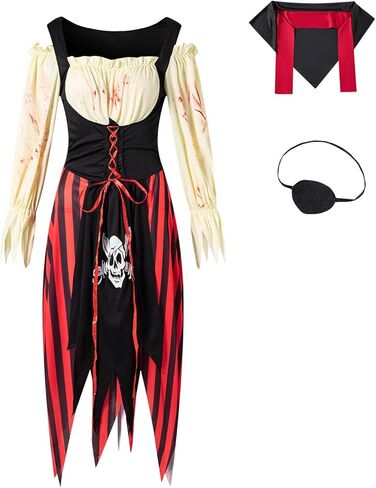 Yruiz Women's Pirate Costume Ladies Halloween Dress with Eye Patch and Headpiece in Kuwait