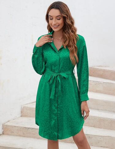 BLUEMING Women Shirt Dress Long Sleeve Leopard Print Button Down Belted Fall Dresses in Kuwait