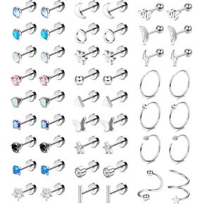 Dochais 25 Pairs Surgical Steel Stud Earrings for Women Multipack Cartilage Earring Opal Moonstone Turquoise Butterfly Flower Star Flat Back Earrings Silver in Kuwait