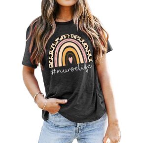Nurse Life Shirt for Women Rainbow Leopard Graphic Tee Nurse Gift Tshirt Short Sleeve Nursing School Tops