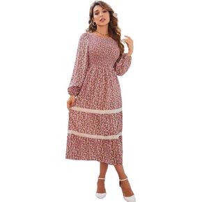 فستان VintageClothing نسائي خريفي متوسط ​​الطول بأكمام طويلة ورقبة دائرية وخصر عالٍ فستان طويل مع جيوب in Saudi Arabia