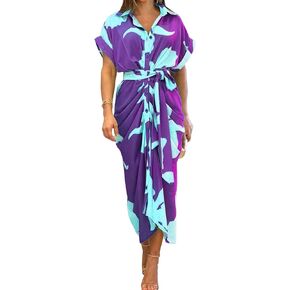 Viatabuna Elegant Wrap Shirt Dress for Women Button Down Print Short Sleeve Self Tie Ruched Long Maxi Dresses Cocktail Party