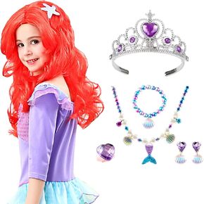 مجموعة شعر مستعار حورية البحر للبنات الصغيرات مع مجوهرات تاج لحفلات الهالوين التنكرية للأميرة in Kuwait