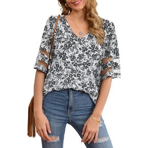 Jouica Women's V Neck Chiffon Blouse Mesh Panel Blouse 3/4 Bell Sleeve Loose Top Shirt