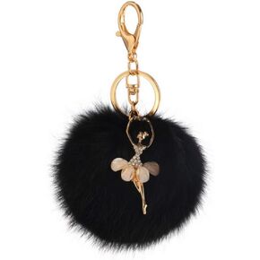 Faux Fox Fur Pom Pom Ball Keychain with Ballet Dancer Charm Fluffy Ball Key Chain