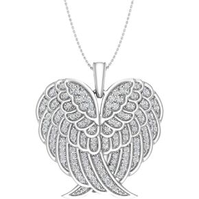 FINEROCK 1/2 ct White Diamond or Black & White Diamond Double Angel Wings Heart Necklace in 925 Sterling Silver