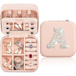 Sweetude Travel Jewelry Box Initial Jewelry Case Mini Pink Jewelry Organizer with Mirror Travel Ring Earring Jewelry Holder for Women Girls Mom Girlfriend Wedding Bridesmaid Friends Birthday Gifts