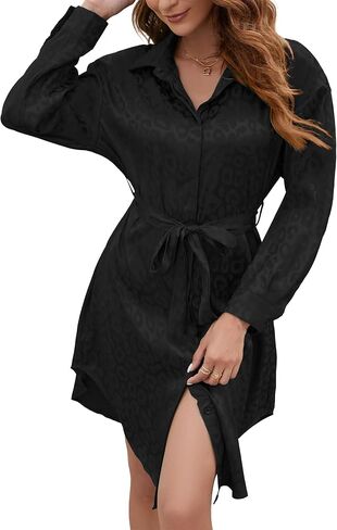 BLUEMING Women Shirt Dress Long Sleeve Leopard Print Button Down Belted Fall Dresses in Kuwait