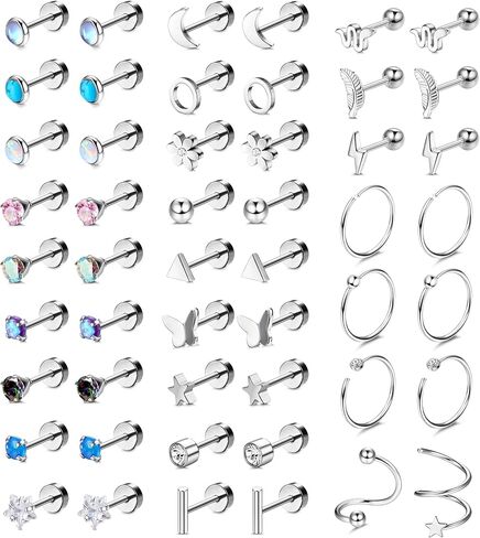 Dochais 25 Pairs Surgical Steel Stud Earrings for Women Multipack Cartilage Earring Opal Moonstone Turquoise Butterfly Flower Star Flat Back Earrings Silver in Kuwait