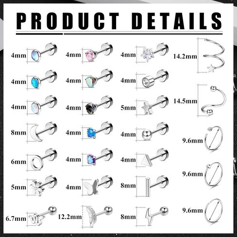 Dochais 25 Pairs Surgical Steel Stud Earrings for Women Multipack Cartilage Earring Opal Moonstone Turquoise Butterfly Flower Star Flat Back Earrings Silver in Kuwait