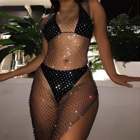 Asooll Black Crystal Woven Skirt Body Chain Beach Bikini Rhinestone Elastic Chains Festival Party Nightclub Body Jewelry for Women and Girls in Saudi Arabia