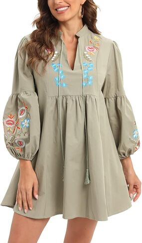 tiptupu Women's Velvet V Neck Long Sleeve Shift Mini Dress Bohemian Embroidered Tops Plus Size S-4XL in Kuwait