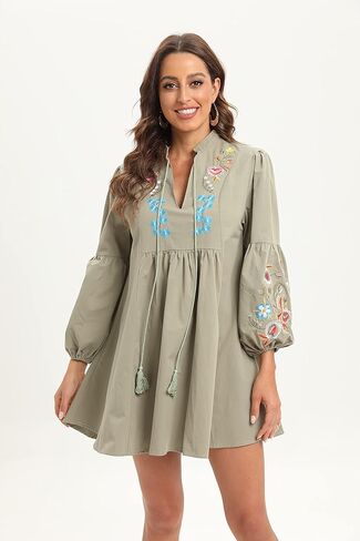 tiptupu Women's Velvet V Neck Long Sleeve Shift Mini Dress Bohemian Embroidered Tops Plus Size S-4XL in Kuwait