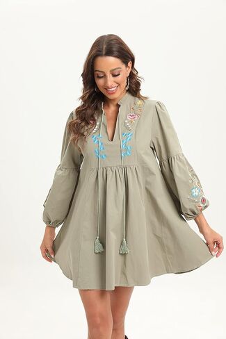 tiptupu Women's Velvet V Neck Long Sleeve Shift Mini Dress Bohemian Embroidered Tops Plus Size S-4XL in Kuwait
