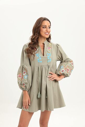 tiptupu Women's Velvet V Neck Long Sleeve Shift Mini Dress Bohemian Embroidered Tops Plus Size S-4XL in Kuwait