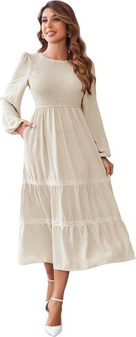 VintageClothing Women's Fall Midi Dress Long Sleeve Casual Crew Neck High Waist Smocked Long Dress with Pockets in Kuwait