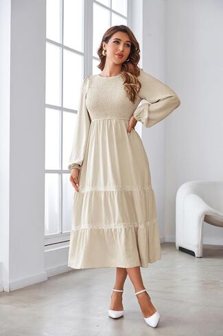 VintageClothing Women's Fall Midi Dress Long Sleeve Casual Crew Neck High Waist Smocked Long Dress with Pockets in Kuwait