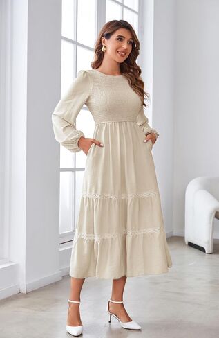 VintageClothing Women's Fall Midi Dress Long Sleeve Casual Crew Neck High Waist Smocked Long Dress with Pockets in Kuwait