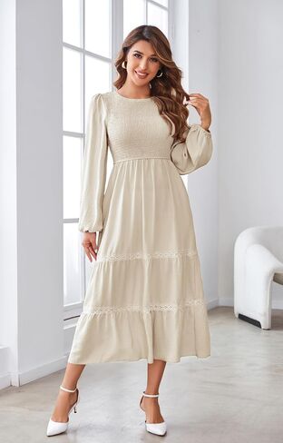 VintageClothing Women's Fall Midi Dress Long Sleeve Casual Crew Neck High Waist Smocked Long Dress with Pockets in Kuwait