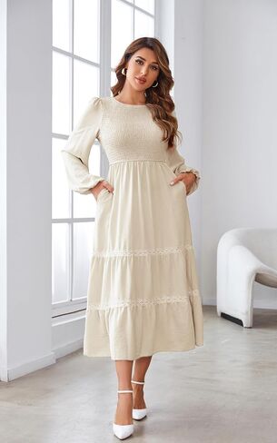VintageClothing Women's Fall Midi Dress Long Sleeve Casual Crew Neck High Waist Smocked Long Dress with Pockets in Kuwait