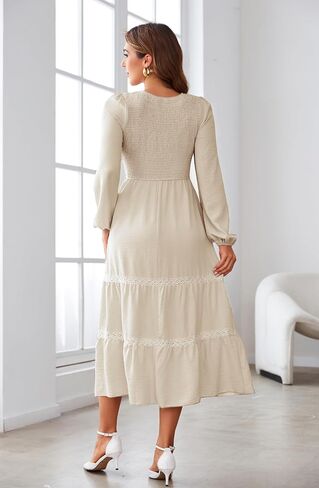 VintageClothing Women's Fall Midi Dress Long Sleeve Casual Crew Neck High Waist Smocked Long Dress with Pockets in Kuwait