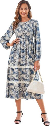 VintageClothing Women's Fall Midi Dress Long Sleeve Casual Crew Neck High Waist Smocked Long Dress with Pockets in Kuwait