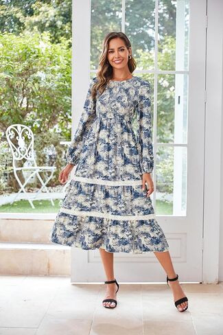VintageClothing Women's Fall Midi Dress Long Sleeve Casual Crew Neck High Waist Smocked Long Dress with Pockets in Kuwait