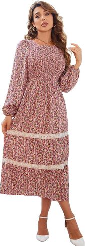 فستان VintageClothing نسائي خريفي متوسط ​​الطول بأكمام طويلة ورقبة دائرية وخصر عالٍ فستان طويل مع جيوب in Saudi Arabia