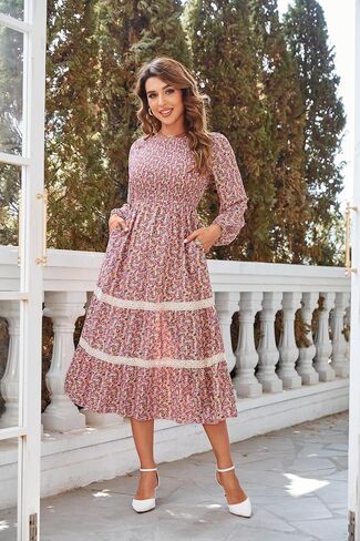 فستان VintageClothing نسائي خريفي متوسط ​​الطول بأكمام طويلة ورقبة دائرية وخصر عالٍ فستان طويل مع جيوب in Saudi Arabia