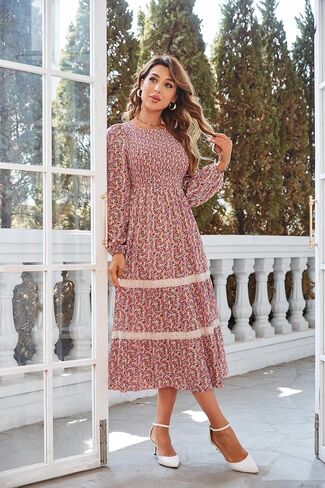 فستان VintageClothing نسائي خريفي متوسط ​​الطول بأكمام طويلة ورقبة دائرية وخصر عالٍ فستان طويل مع جيوب in Saudi Arabia