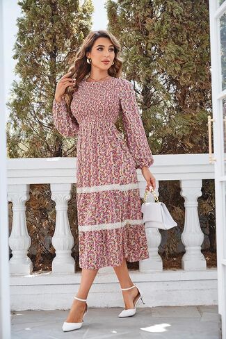 فستان VintageClothing نسائي خريفي متوسط ​​الطول بأكمام طويلة ورقبة دائرية وخصر عالٍ فستان طويل مع جيوب in Saudi Arabia