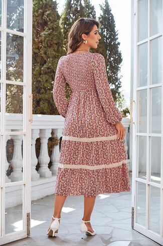 فستان VintageClothing نسائي خريفي متوسط ​​الطول بأكمام طويلة ورقبة دائرية وخصر عالٍ فستان طويل مع جيوب in Saudi Arabia