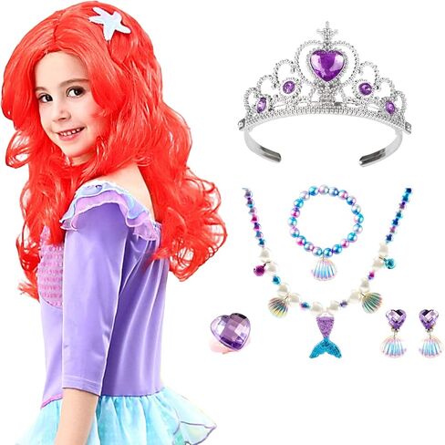 مجموعة شعر مستعار حورية البحر للبنات الصغيرات مع مجوهرات تاج لحفلات الهالوين التنكرية للأميرة in Kuwait