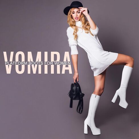 VOMIRA منصة أحذية للنساء ساحة تو كعب عالي مكتنز منصة أحذية GoGo الجانب سستة تمتد حذاء برقبة للركبة in Kuwait
