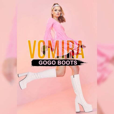 VOMIRA منصة أحذية للنساء ساحة تو كعب عالي مكتنز منصة أحذية GoGo الجانب سستة تمتد حذاء برقبة للركبة in Kuwait