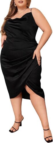 فستان WDIRARA نسائي مقاس كبير من الساتان ذو ثنيات ورقبة واسعة وحزام سباغيتي وحاشية ملفوفة لحفلات الكوكتيل in Kuwait