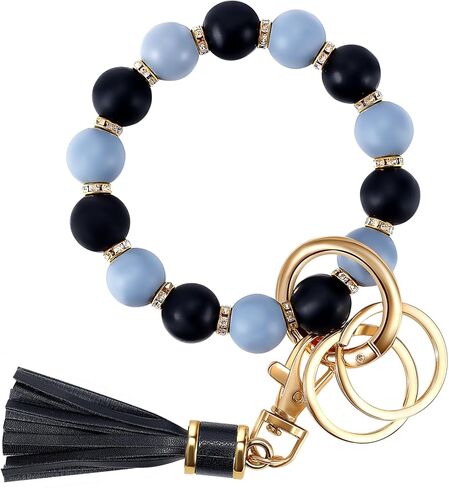 سوار سيليكون بحلقة مفاتيح مع شراشيب وسلسلة مفاتيح للنساء، سلسلة مفاتيح لطيفة مع شرابة جلدية لحامل البطاقات، حامل مفاتيح مع زركون وشراشيب لعيد الام, رماديأسود in Kuwait