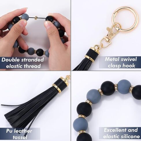 سوار سيليكون بحلقة مفاتيح مع شراشيب وسلسلة مفاتيح للنساء، سلسلة مفاتيح لطيفة مع شرابة جلدية لحامل البطاقات، حامل مفاتيح مع زركون وشراشيب لعيد الام, رماديأسود in Kuwait
