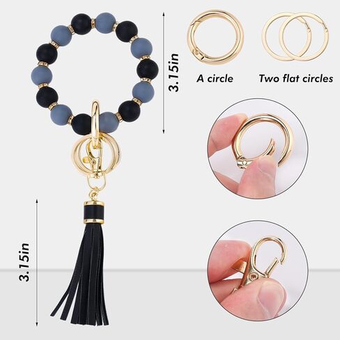 سوار سيليكون بحلقة مفاتيح مع شراشيب وسلسلة مفاتيح للنساء، سلسلة مفاتيح لطيفة مع شرابة جلدية لحامل البطاقات، حامل مفاتيح مع زركون وشراشيب لعيد الام, رماديأسود in Kuwait