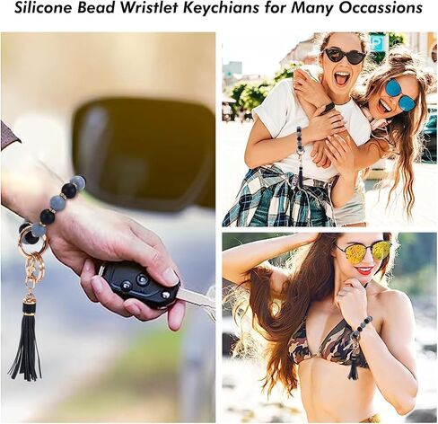 سوار سيليكون بحلقة مفاتيح مع شراشيب وسلسلة مفاتيح للنساء، سلسلة مفاتيح لطيفة مع شرابة جلدية لحامل البطاقات، حامل مفاتيح مع زركون وشراشيب لعيد الام, رماديأسود in Kuwait