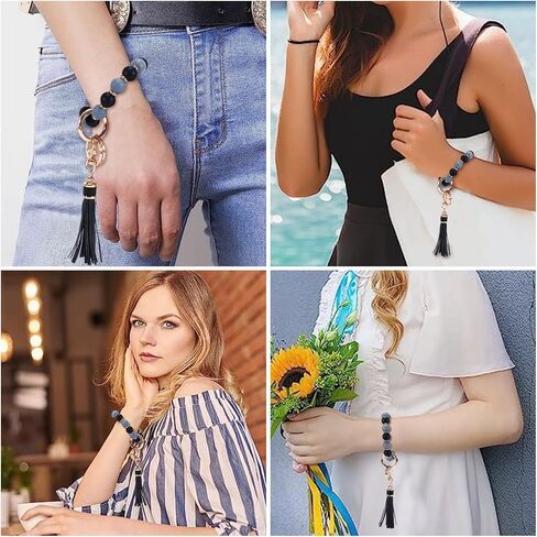 سوار سيليكون بحلقة مفاتيح مع شراشيب وسلسلة مفاتيح للنساء، سلسلة مفاتيح لطيفة مع شرابة جلدية لحامل البطاقات، حامل مفاتيح مع زركون وشراشيب لعيد الام, رماديأسود in Kuwait