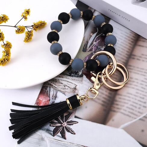 سوار سيليكون بحلقة مفاتيح مع شراشيب وسلسلة مفاتيح للنساء، سلسلة مفاتيح لطيفة مع شرابة جلدية لحامل البطاقات، حامل مفاتيح مع زركون وشراشيب لعيد الام, رماديأسود in Kuwait