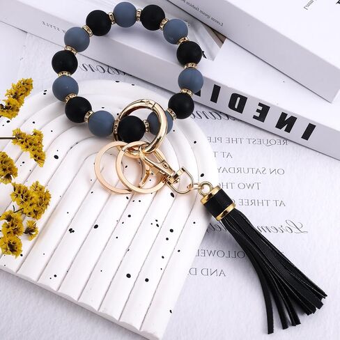 سوار سيليكون بحلقة مفاتيح مع شراشيب وسلسلة مفاتيح للنساء، سلسلة مفاتيح لطيفة مع شرابة جلدية لحامل البطاقات، حامل مفاتيح مع زركون وشراشيب لعيد الام, رماديأسود in Kuwait