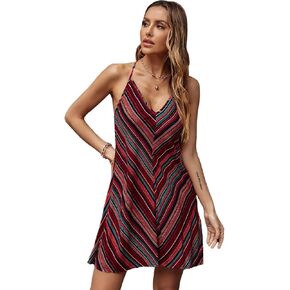 فستان قصير نسائي من SOLY HUX بطباعة شيفرون ورقبة على شكل حرف V بدون أكمام وبدون ظهر in Kuwait