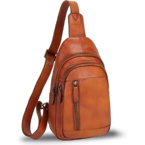 IVTG Genuine Leather Sling Bag Chest Shoulder Pack Crossbody Casual Daypack Vintage Handmade Hiking Backpack Motorcycle Bag (Brown) Medium